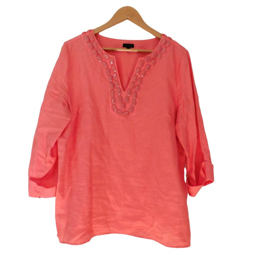 Talbots Womens Linen Split Neck Tunic Top Large L Pink Beads Embellished